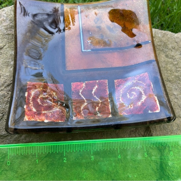 VINTAGE MCM 70s Glass 6" Square Ashtray Trinket Red Orange Silver Abstract Tray - Picture 11 of 11